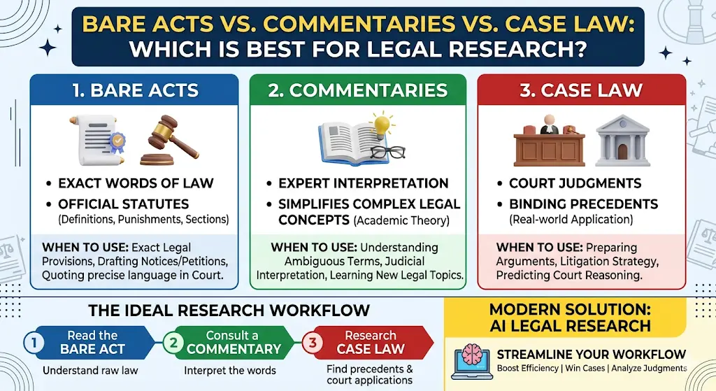 Bare Acts vs Commentaries vs Case Law: When to Use What in Legal Research
